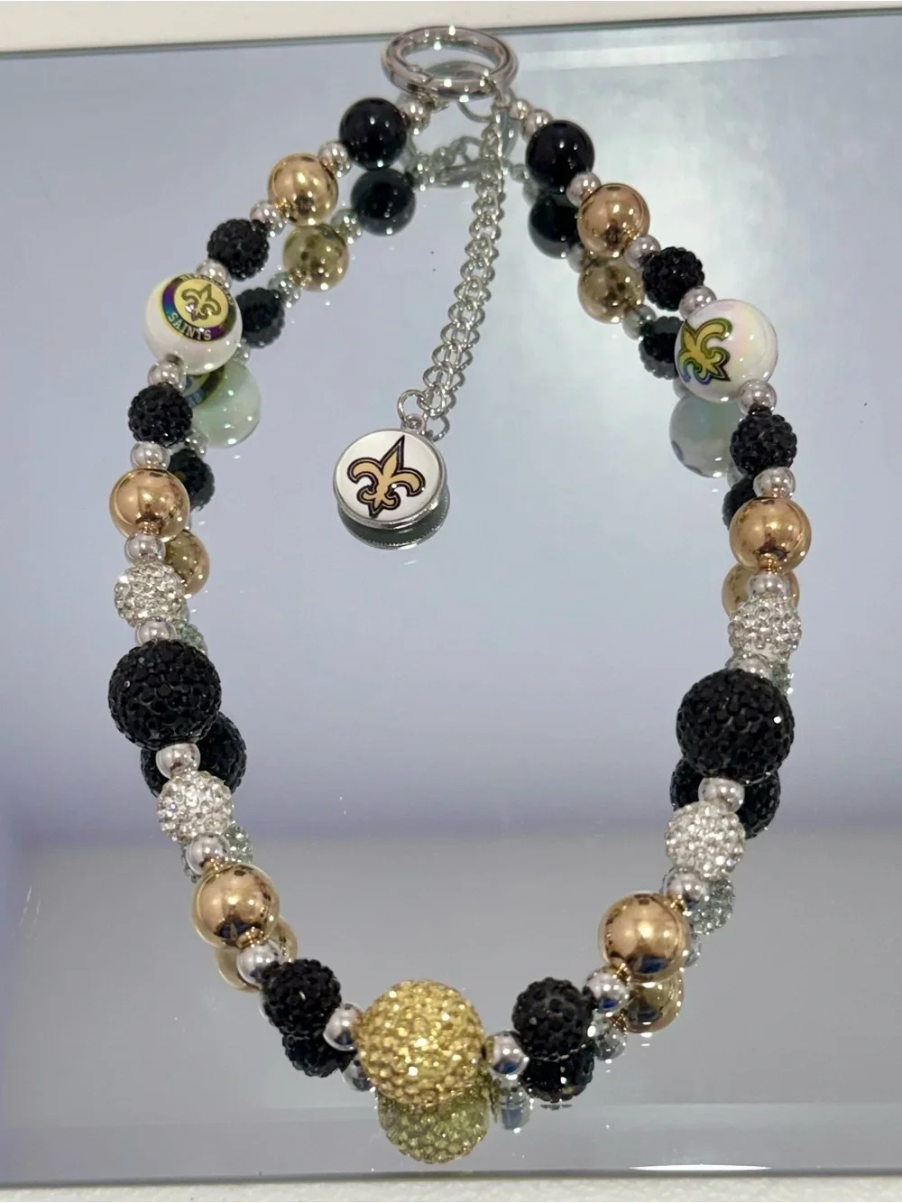New Orleans Fleur-de-Lis Beaded Phone Charm - Black & Gold